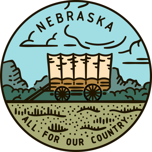 Vintage vector round label. Nebraska Wagon Desert.